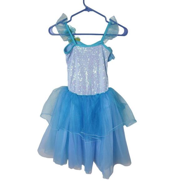 Curtain Call Costumes Girls Ballerina Ballet Blue Sequin with Hair Clip Medium - Picture 2 of 5